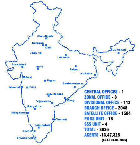 भारतातील भारतीय जीवन विमा महामंडळ (LIC) च्या शाखा, विभागीय आणि क्षेत्रीय कार्यालयांचा नकाशा